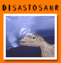dinosaur in bleak landscape, smoke billowing from ground